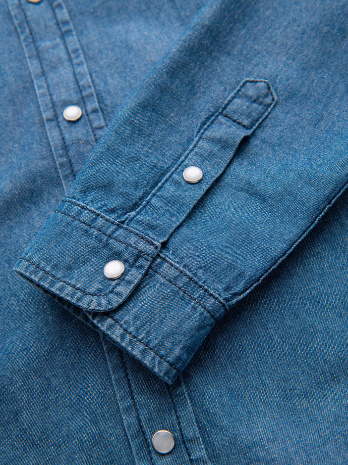 Męska koszula jeansowa na zatrzaski z kieszonkami - niebieska V2 OM-SHDS-0210