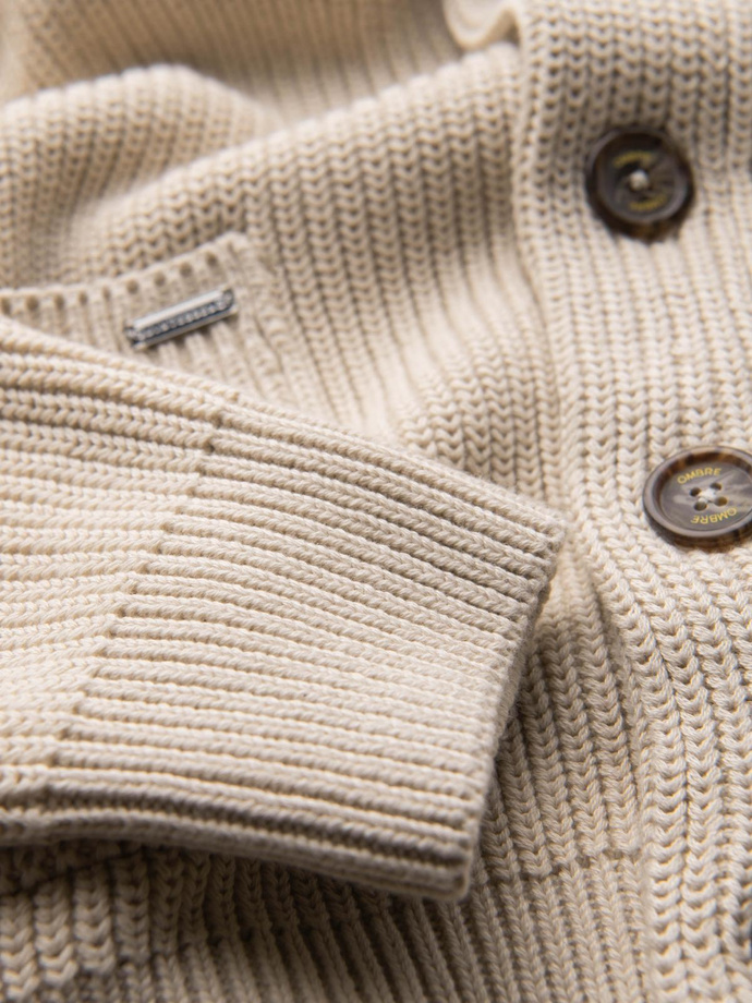 Bawełniany sweter męski kardigan z szalowym kołnierzem - beżowy V2 OM-SWCD-0153