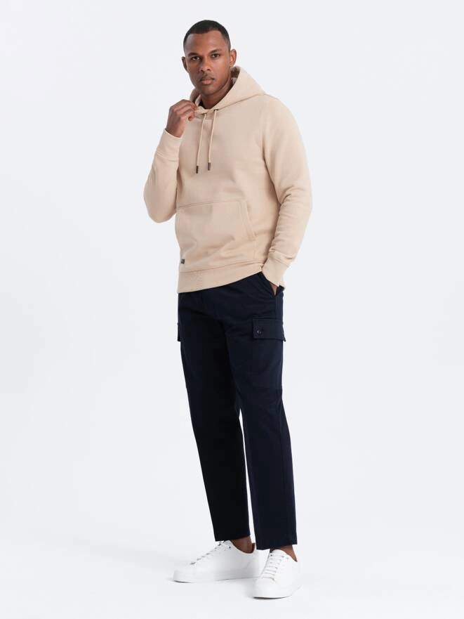 BASIC men's cotton sweatshirt kangaroo hoodie - beige V6 OM-SSBN-0161