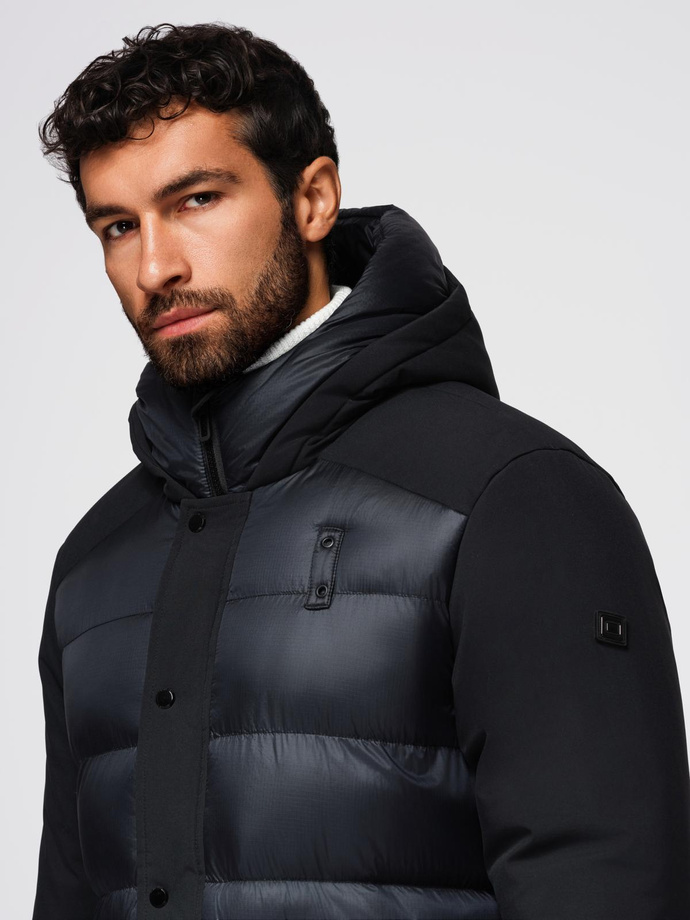 Men's long quilted jacket with large pockets - black V1 OM-JALJ-0308