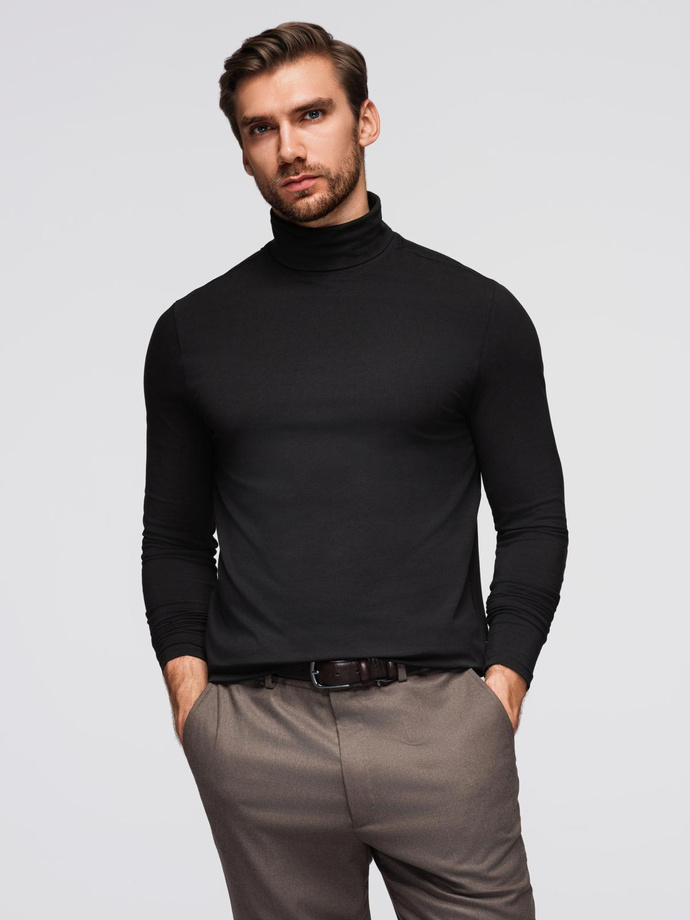 Men's plain turtleneck longsleeve - black V1 OM-LSCL-0130