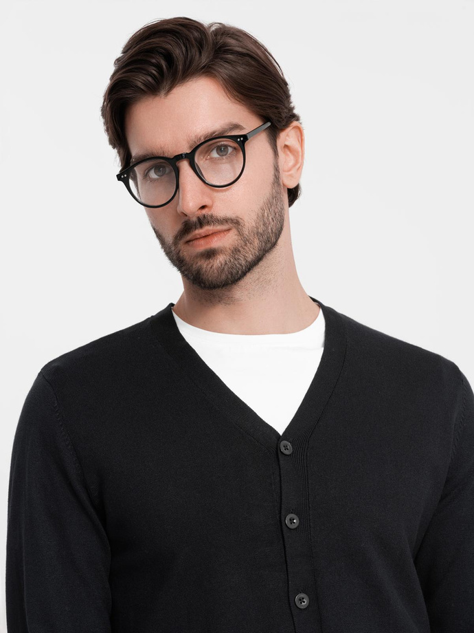 Monochromatyczny dzianinowy męski kardigan z wiskozą – czarny V2 OM-SWCD-0126