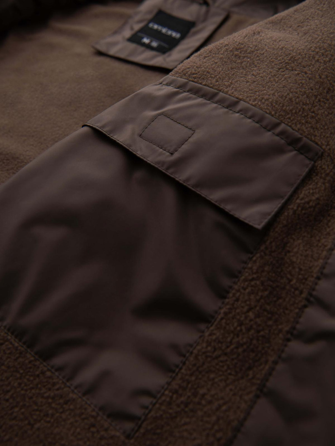 Lekka kolorowa męska sportowa kurtka z polarem – beżowo-ciemnobrązowa V19 OM-JANP-0194