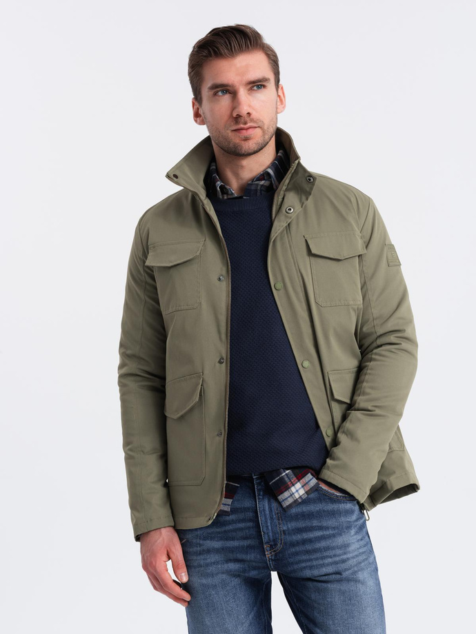 Men's lightweight jacket with pockets and high collar - khaki V3 OM-JALP-0167