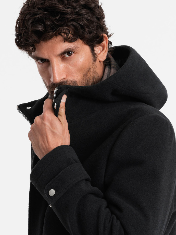 Men's long monochrome hooded coat - black V3 OM-COWC-22FW-005