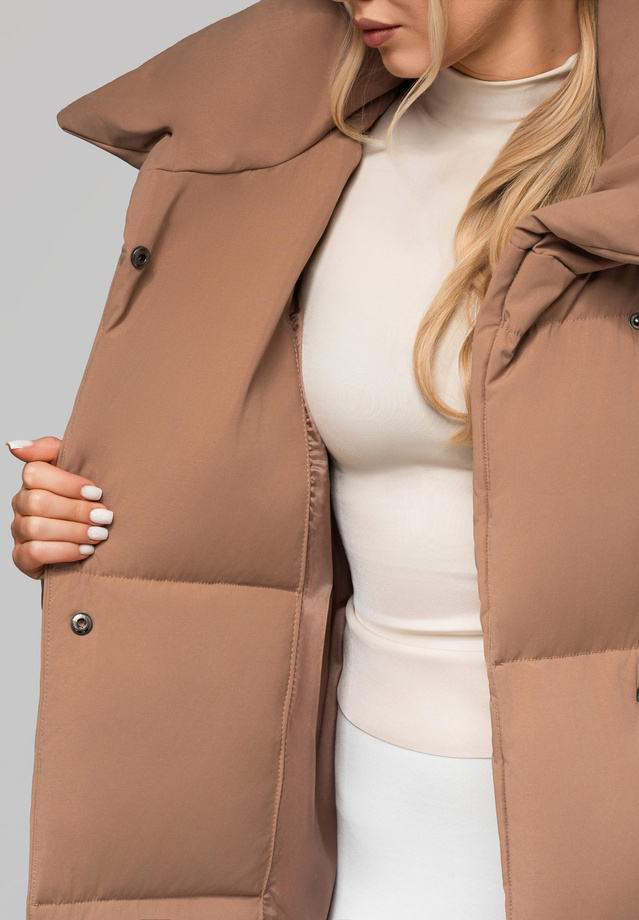 Women's quilted long jacket with belt OW-JALJ-0104 v3 - brown