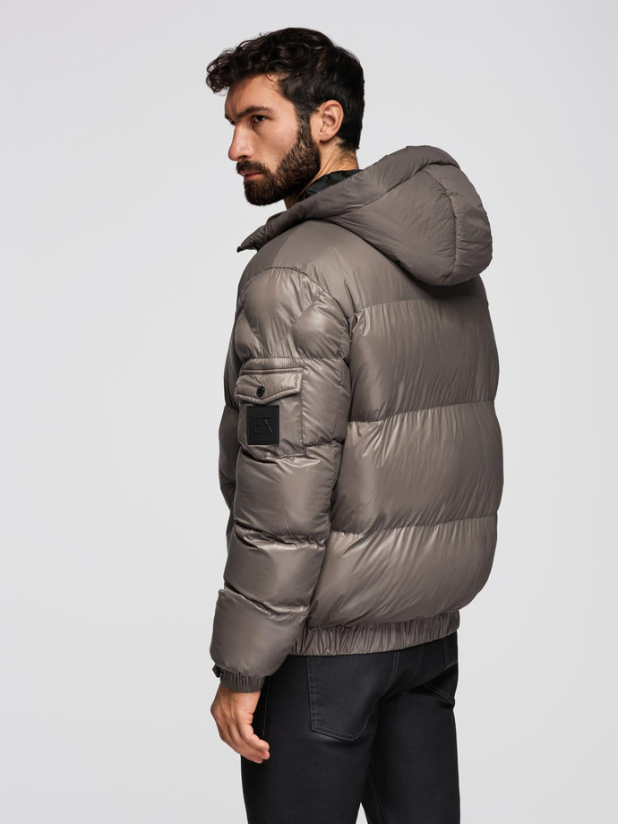 Ciepła męska kurtka puffer ze ściągaczami – ciemnobeżowa V3 OM-JAHP-0207