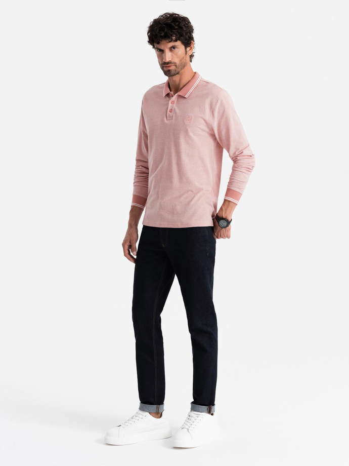 Men's melange polo longsleeve with embroidery - pink melange V2 OM-POLS-0129