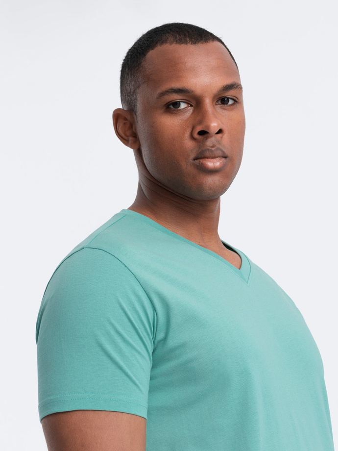 Men's BASIC classic cotton T-shirt with a v-neck - turquoise V15 OM-TSBS-0145