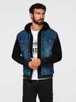Men's denim jacket with knitted sleeves and hood - blue and black V2 OM-JADJ-0220