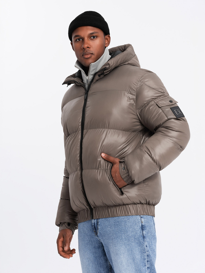 Warm men's puffer jacket with welts - dark beige V3 OM-JAHP-0207