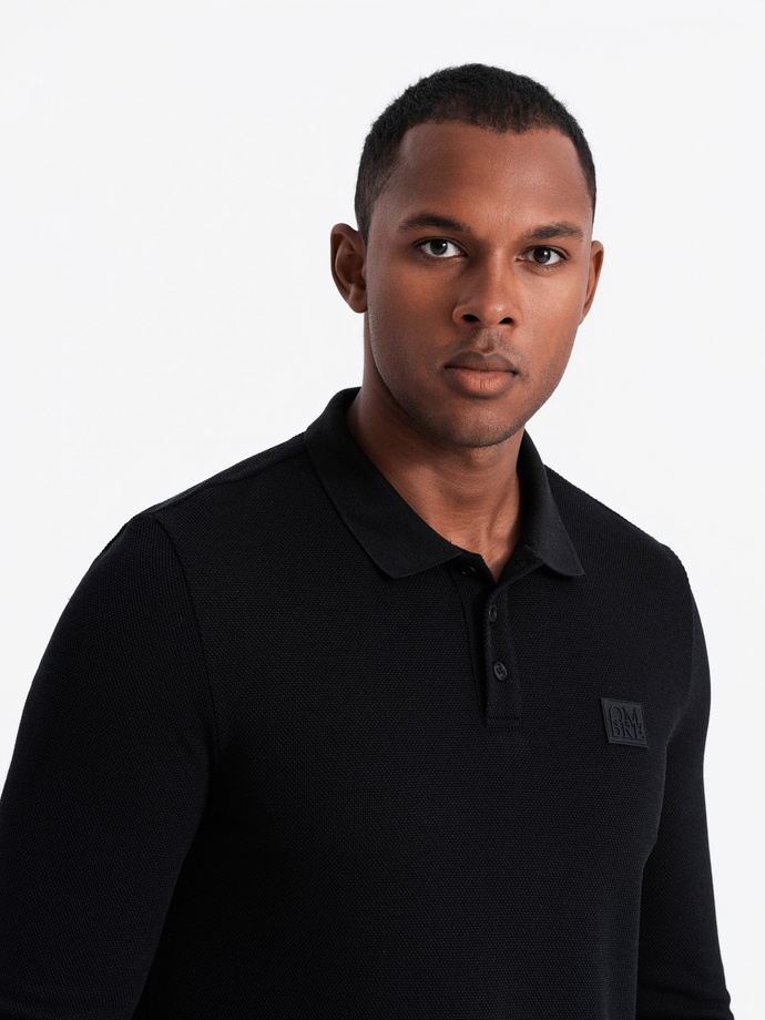 Strukturalny męski longsleeve polo z naszywką – czarny V1 OM-POLS-0131