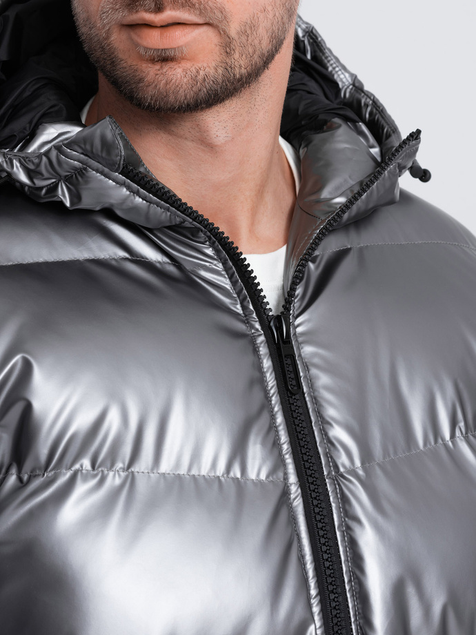 Men's glossy puffer jacket with hood - graphite V2 OM-JAHP-0129
