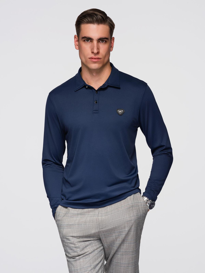 Polo long sleeve shirt with elegant branded buttons - navy blue V3 OM-POLS-0139