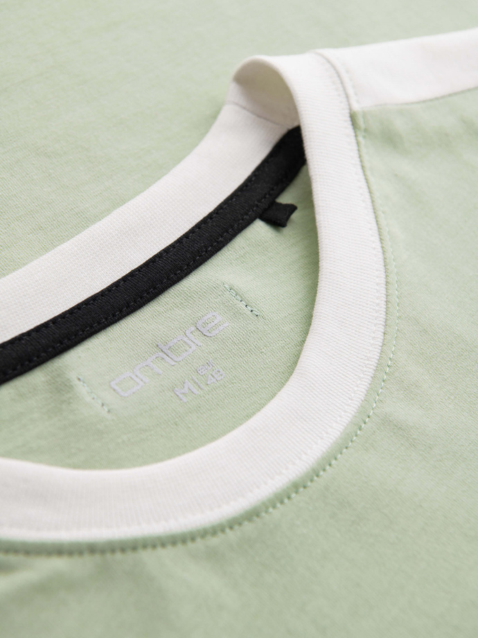 T-shirt męski z kontrastowymi lampasami – pistacjowy V9 OM-TSCT-0115