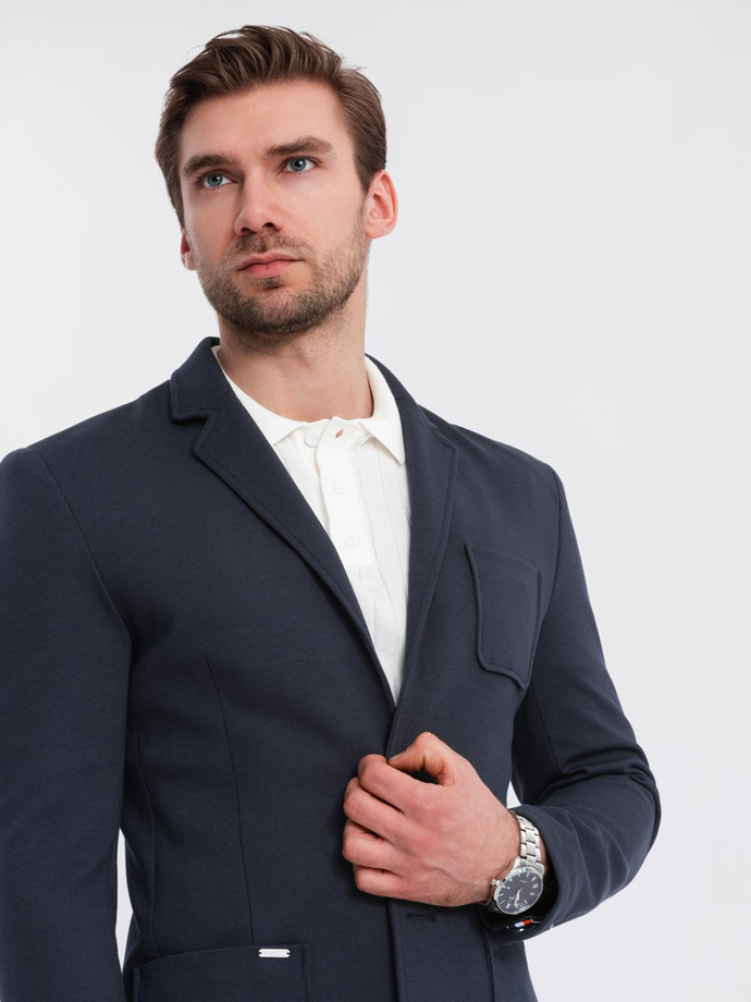 Men's SLIM knit jacket with subtle texture - navy blue V3 OM-BLZB-0101