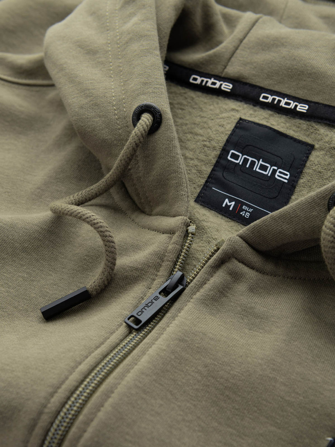 Unzipped men's sweatshirt with hood and patch - olive V4 OM-SSZP-0140