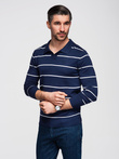 Men's horizontal striped polo longsleeve with viscose - navy blue and white V1 OM-POLS-0146
