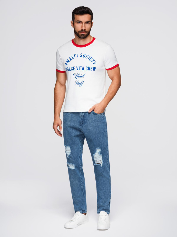 Jeansowe spodnie męskie CARROT FIT z przetarciami – niebieskie V2 OM-PADP-0250