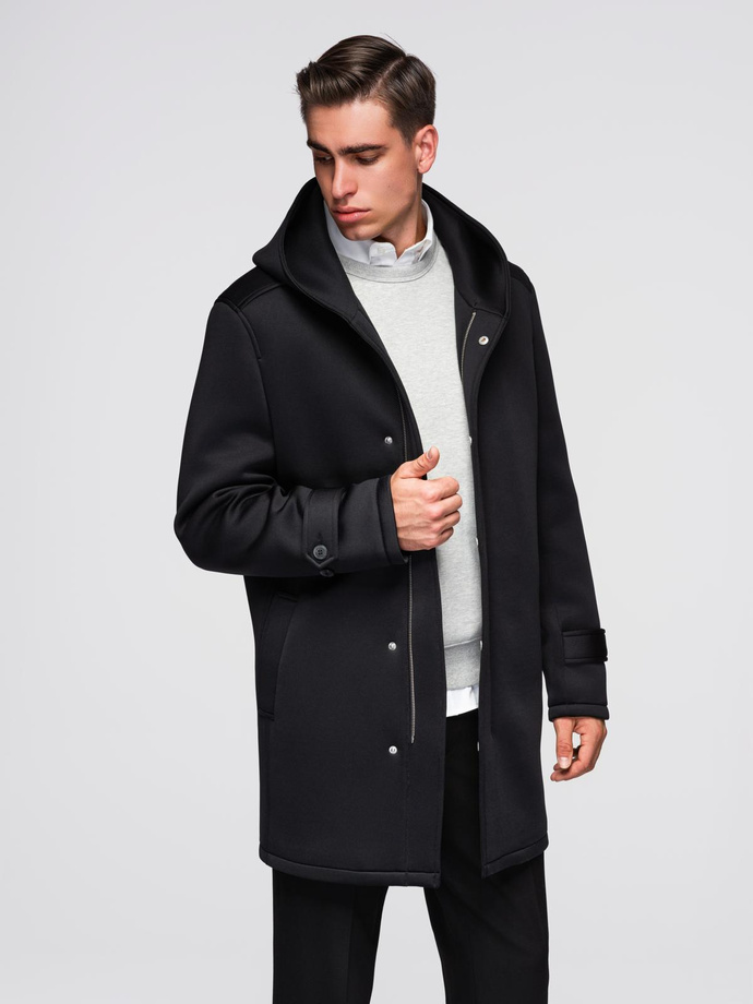 Men's minimalist medium length coat with hood - black V4 OM-COLC-0144