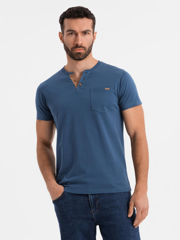 Men's T-shirt with button neckline and suede trim - dark blue V2 OM-TSCT-0206