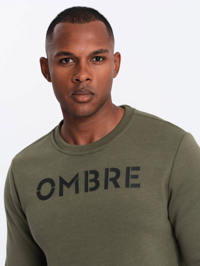 Classic men's sweatshirt with inscription - dark olive V2 OM-SSPS-0181