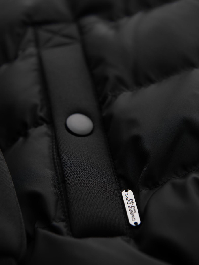 Quilted bomber jacket with hood and knitted sleeves - black V1 OM-JALP-0298