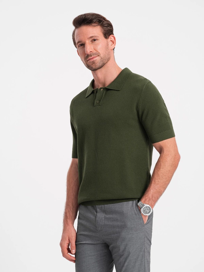Men's cotton structured knit polo shirt - olive V1 OM-POSS-0117