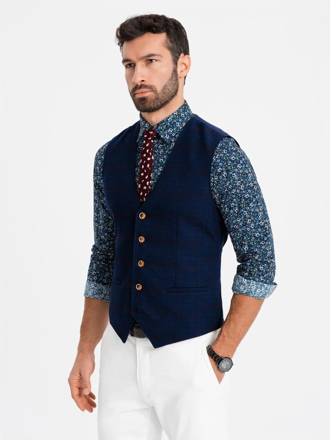 Men's vest without lapels in delicate check - navy blue V1 OM-BLZV-0123