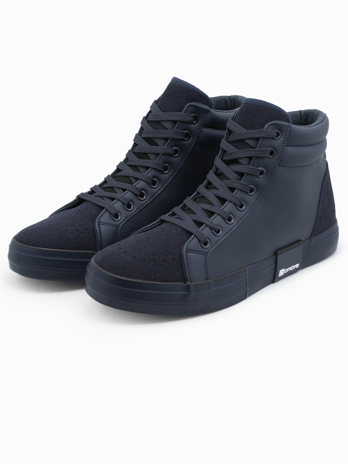 Classic men's high sneakers with quilted upper - navy blue V3 OM-FOTH-0127