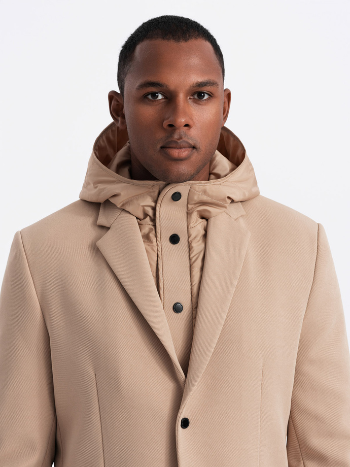 Men's jacket with high collar and hood - light brown V1 OM-BLZB-0133