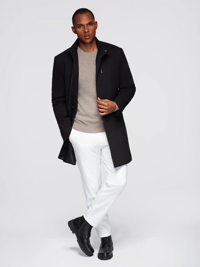 Fitted structured men's high collar coat - black V1 OM-COWC-0136