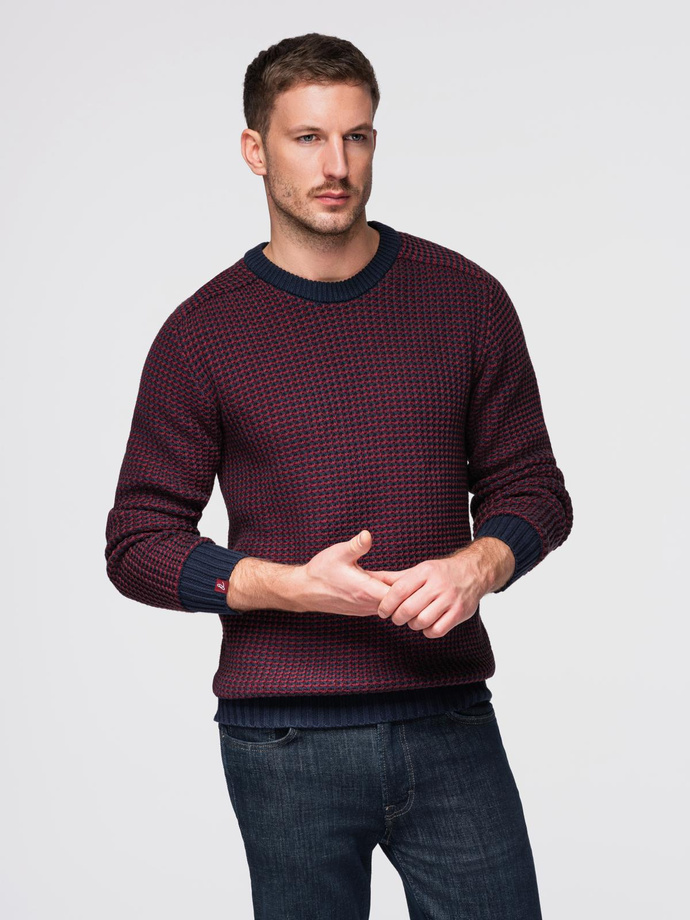 Men's contrast weave sweater with round neckline - maroon V1 OM-SWSW-0122