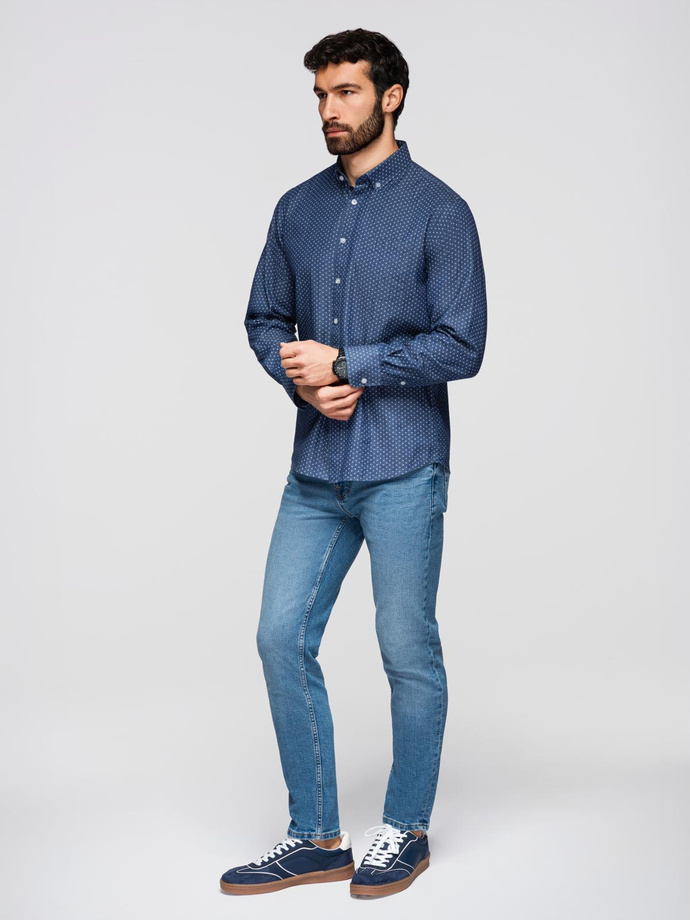Men's patterned thin denim shirt with pocket - blue V2 OM-SHDS-0179