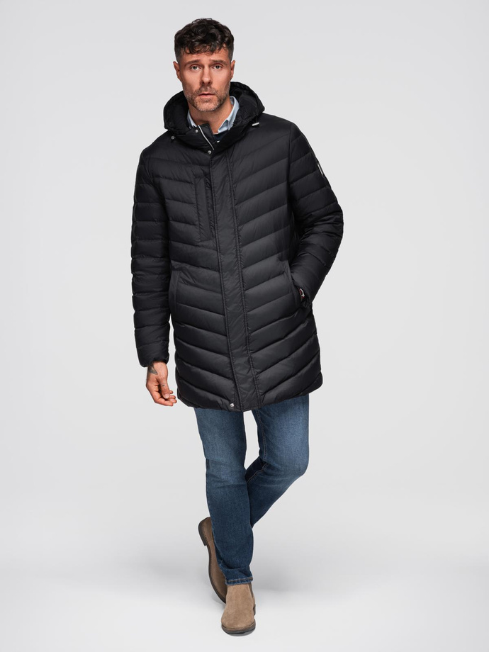Men's long quilted jacket with natural filling - black V1 OM-JALJ-0212