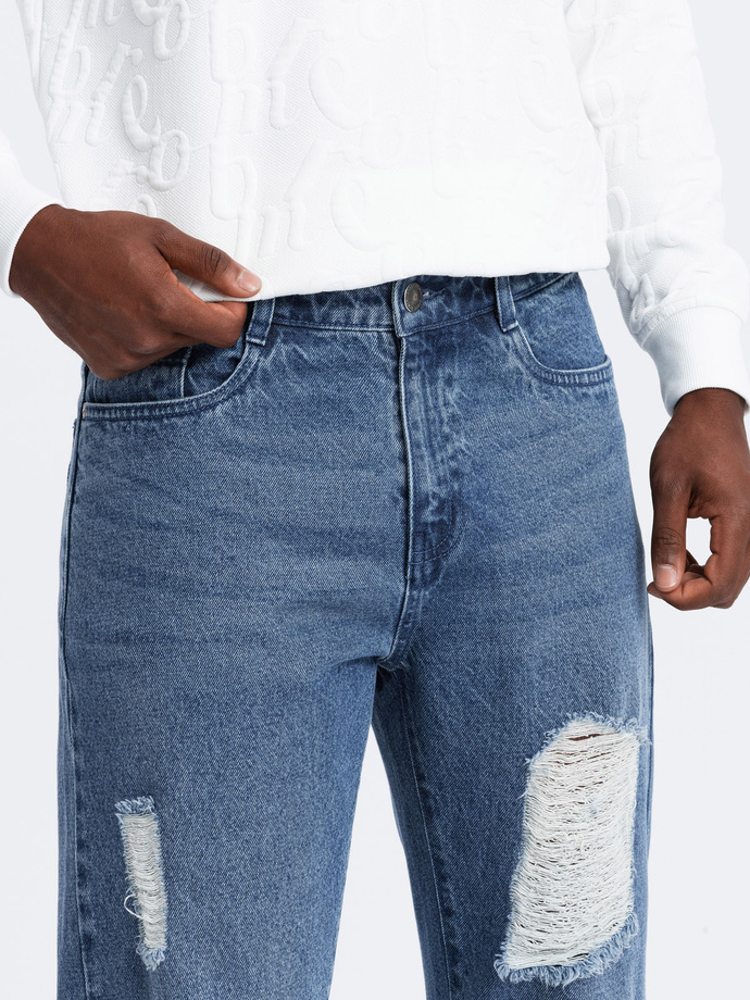 Męskie jeansowe spodnie TAPERED FIT z dziurami – ciemnoniebieskie V3 OM-PADP-0175