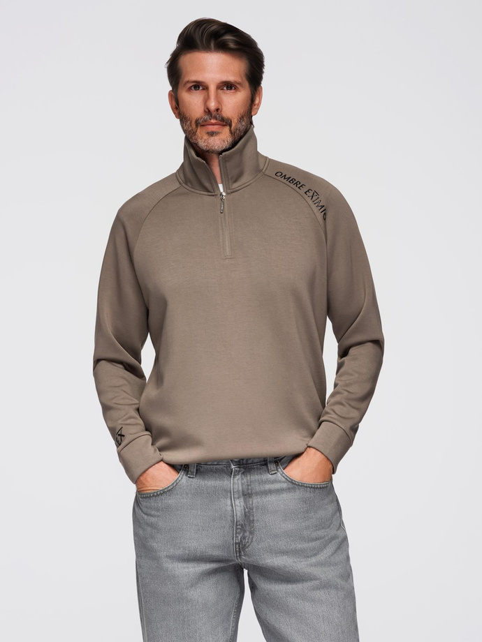 Men's sweatshirt with contrasting print and unbuttoned high collar - grey-brown V3 OM-SSZP-0211