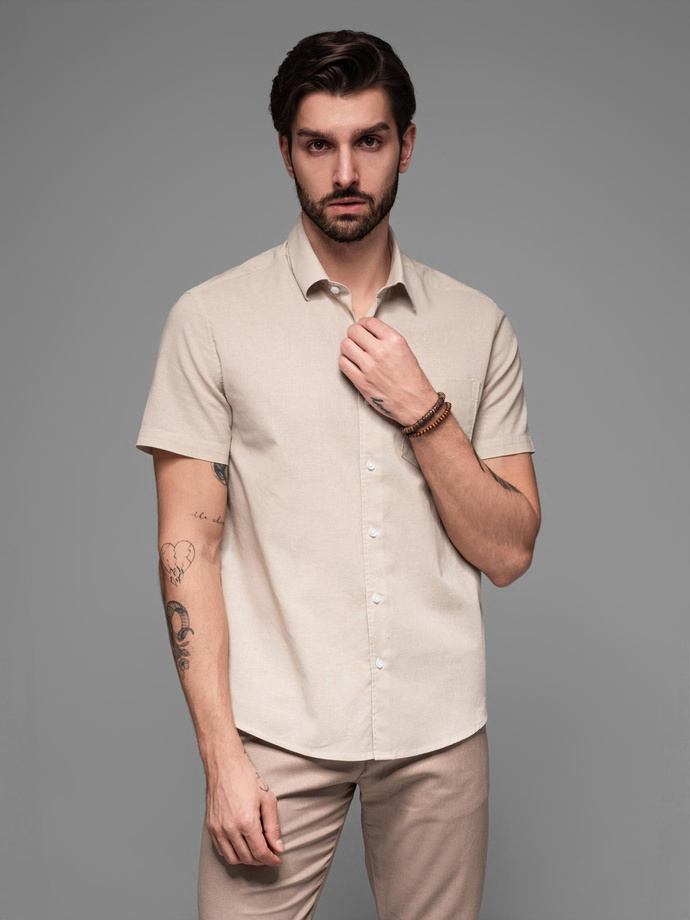 Men's short sleeve shirt with Cuban collar - dark beige V3 OM-SHSS-0168