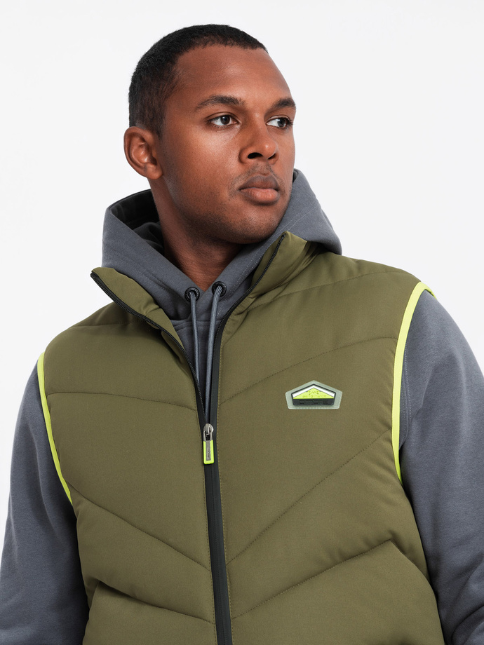 Men's quilted sleeveless jacket with neon accents - olive V5 OM-JAVJ-0210