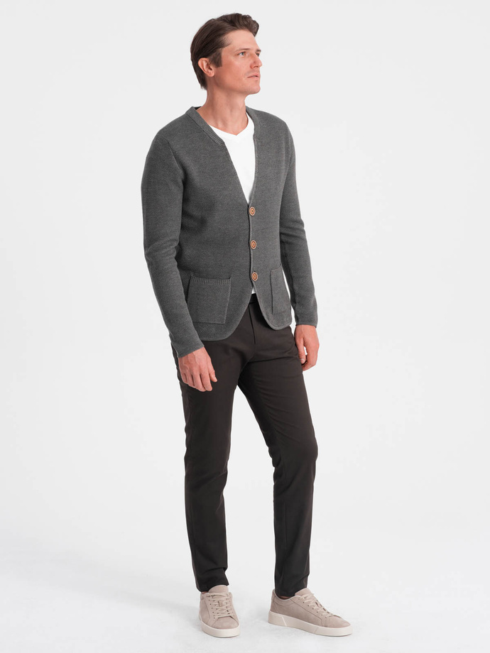 Dzianinowy męski kardigan z kieszeniami i ozdobnymi guzikami – grafitowy melanż V2 OM-SWCD-0109