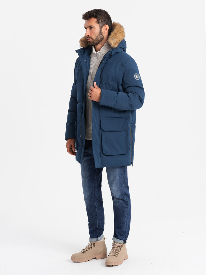 Men's long parka jacket with flared bottom - navy blue V5 OM-JALJ-0184