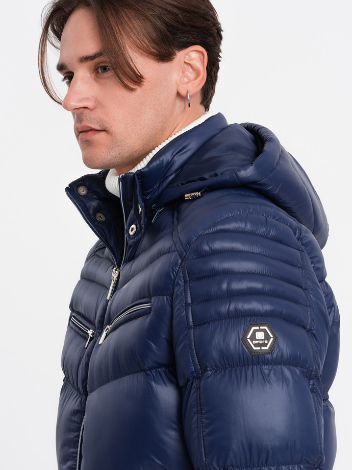 Heavily insulated quilted men's jacket with detachable hood - navy blue V2 OM-JAHP-22FW-010