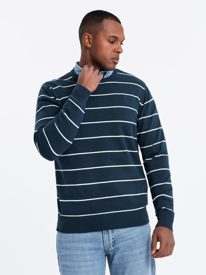 Casual men's sweater with horizontal stripes - navy blue V1 OM-SWSW-0143