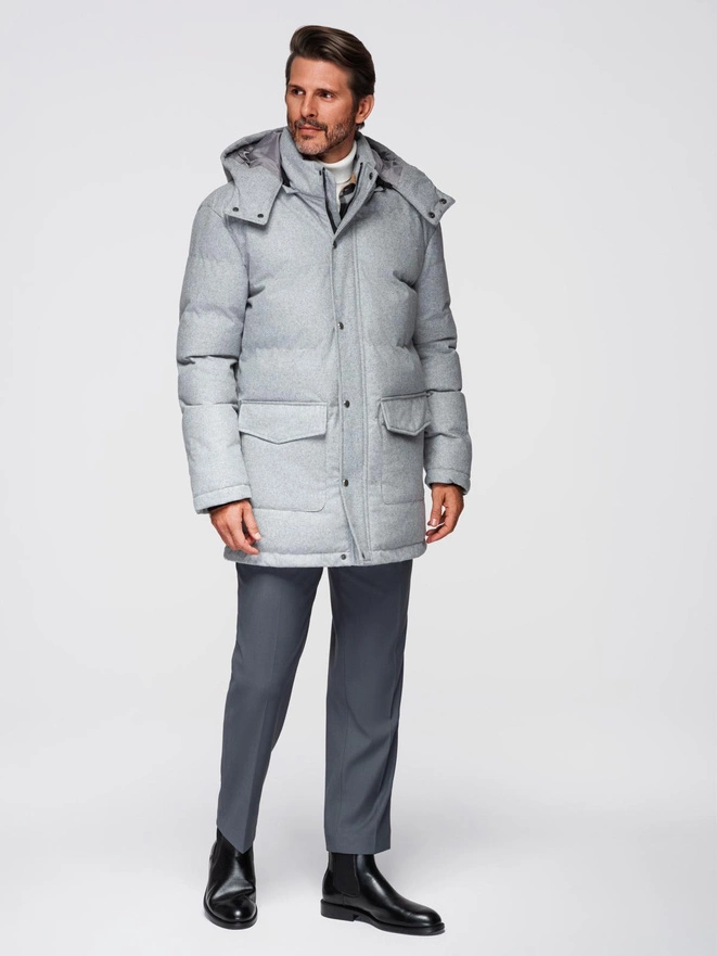 Warm men's long parka jacket with wool - light grey melange V3 OM-JALJ-0217