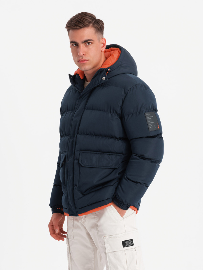 Warm men's sports jacket with double hood - navy blue V2 OM-JAHP-0208