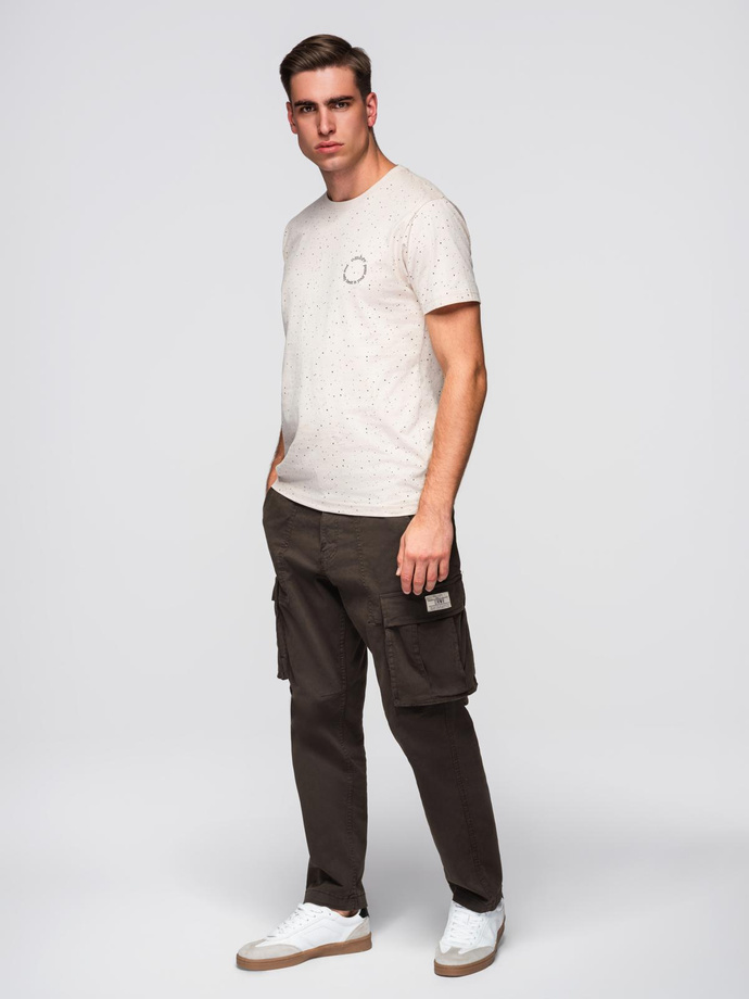 Męski bawełniany t-shirt z nadrukiem i okrągłym dekoltem – beżowy V2 OM-TSFP-0186