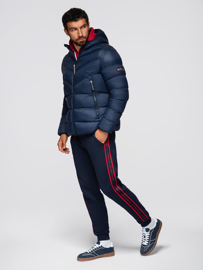 Modern men's quilted jacket of combined materials - navy blue V2 OM-JAHP-0303