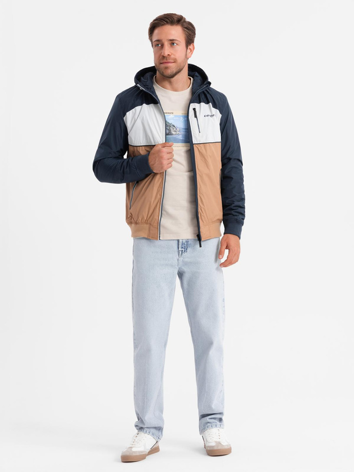 Lekka kolorowa męska kurtka sportowa z polarem – brązowo-granatowa V1 OM-JANP-0194