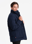 Men's winter jacket with detachable hood and cargo pockets - navy blue V1 OM-JAHP-0152