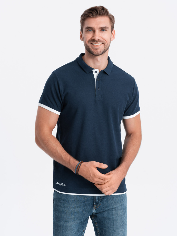 Men's cotton polo shirt with contrast trim - navy blue V4 OM-POSS-0113